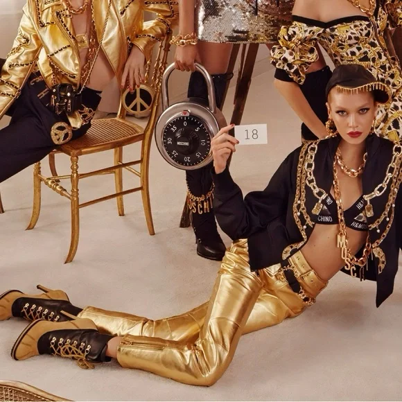 H&Moschino Gold Calf Leather Women's Pants Rare COLLAB - Picture 2 of 16